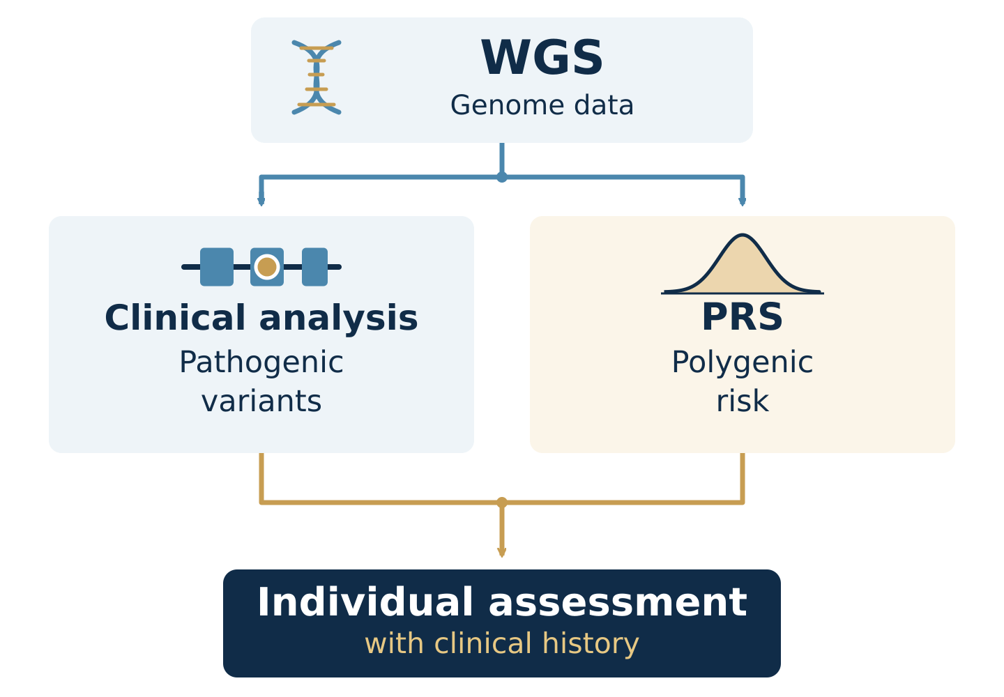 WGS data support clinical analysis of pathogenic variants and PRS. Both are considered together with clinical history.