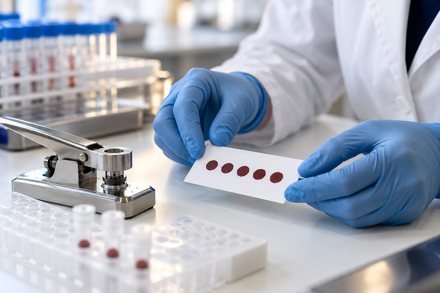Illustrative laboratory scene showing processing of a dried blood spot card.