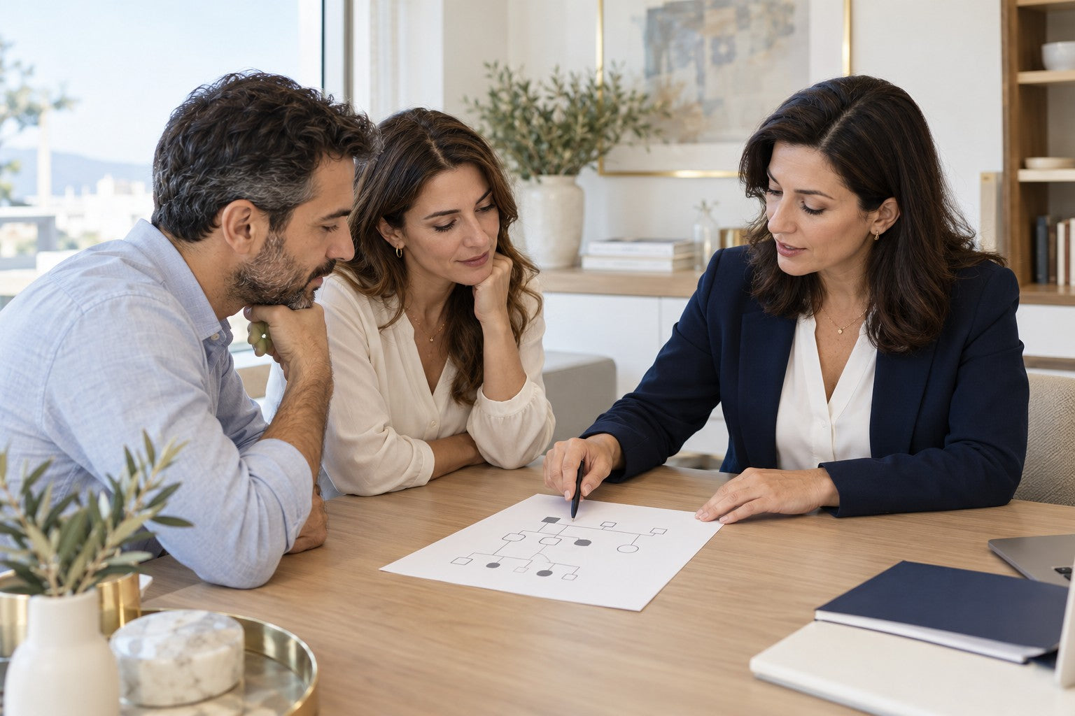 Illustrative scene of a couple discussing their history with a genetics professional.