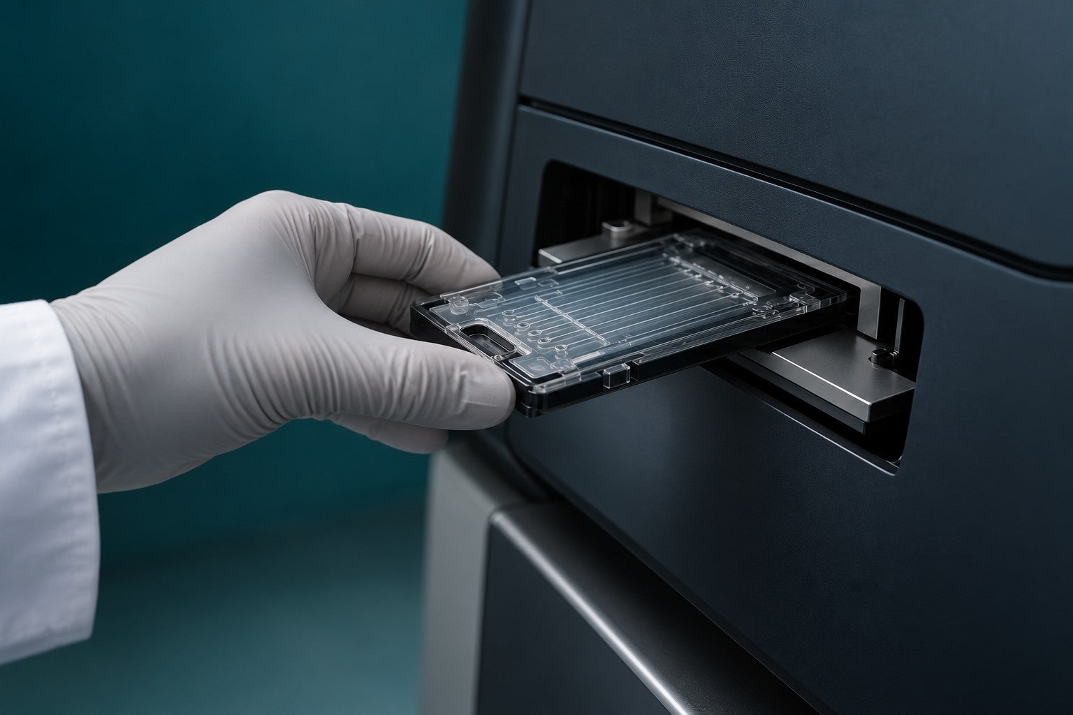Illustrative scene of a dedicated cartridge being loaded into a long-read sequencing instrument.