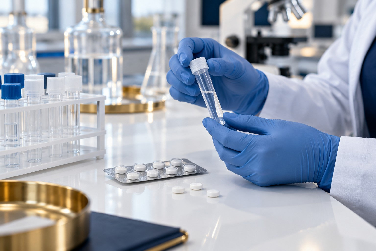 Illustrative scene connecting genetic analysis with pharmacogenetic information.