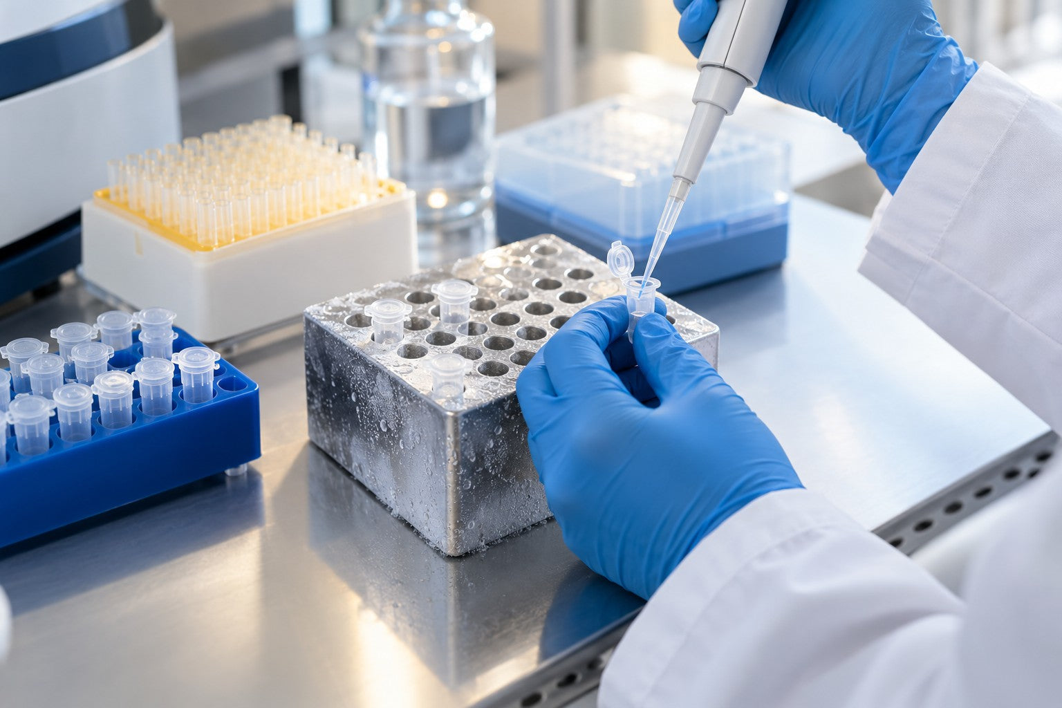 Illustrative laboratory scene showing preparation of RNA samples.