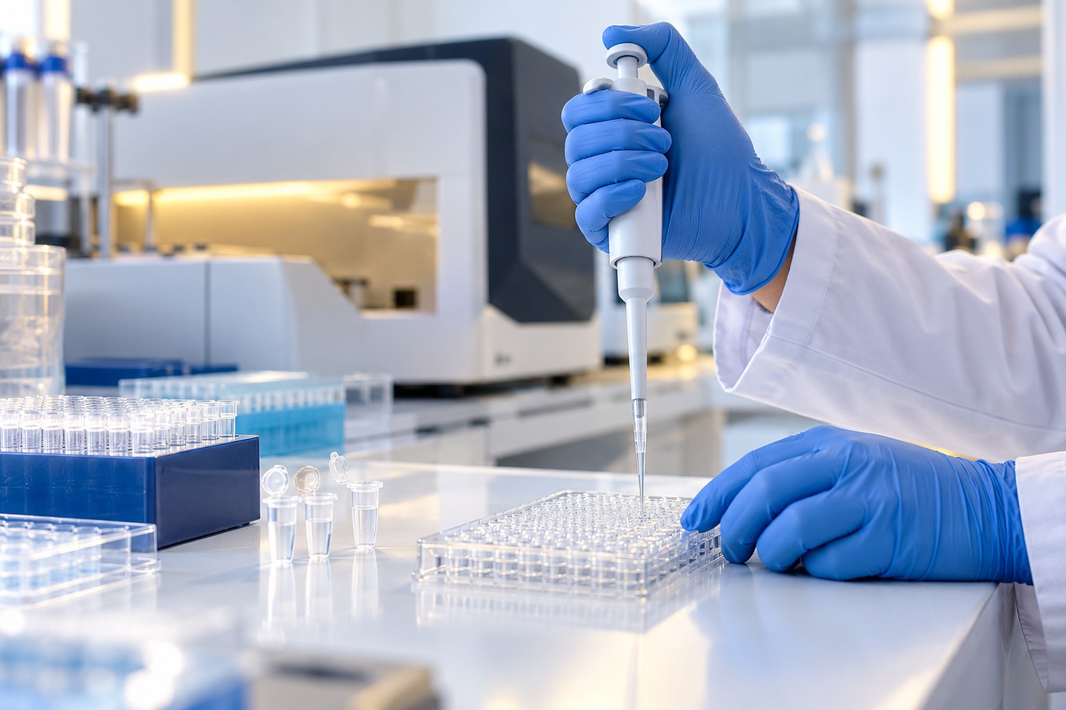 Illustrative laboratory scene showing preparation of a DNA sample for sequencing.